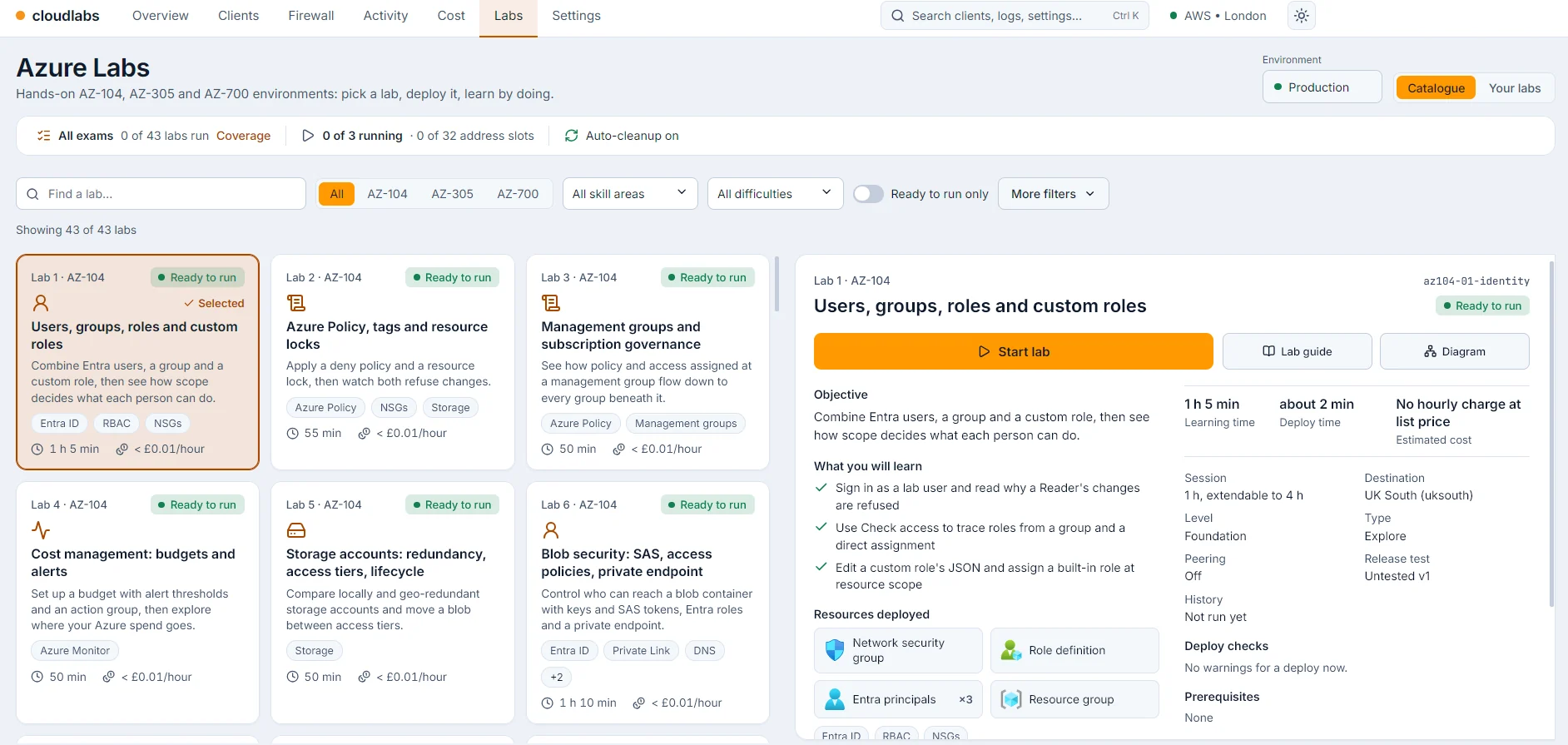 CloudLabs Azure labs catalogue: hands-on AZ-104, AZ-305 and AZ-700 labs as cards, with the selected lab's objective, what you will learn and the resources it deploys.