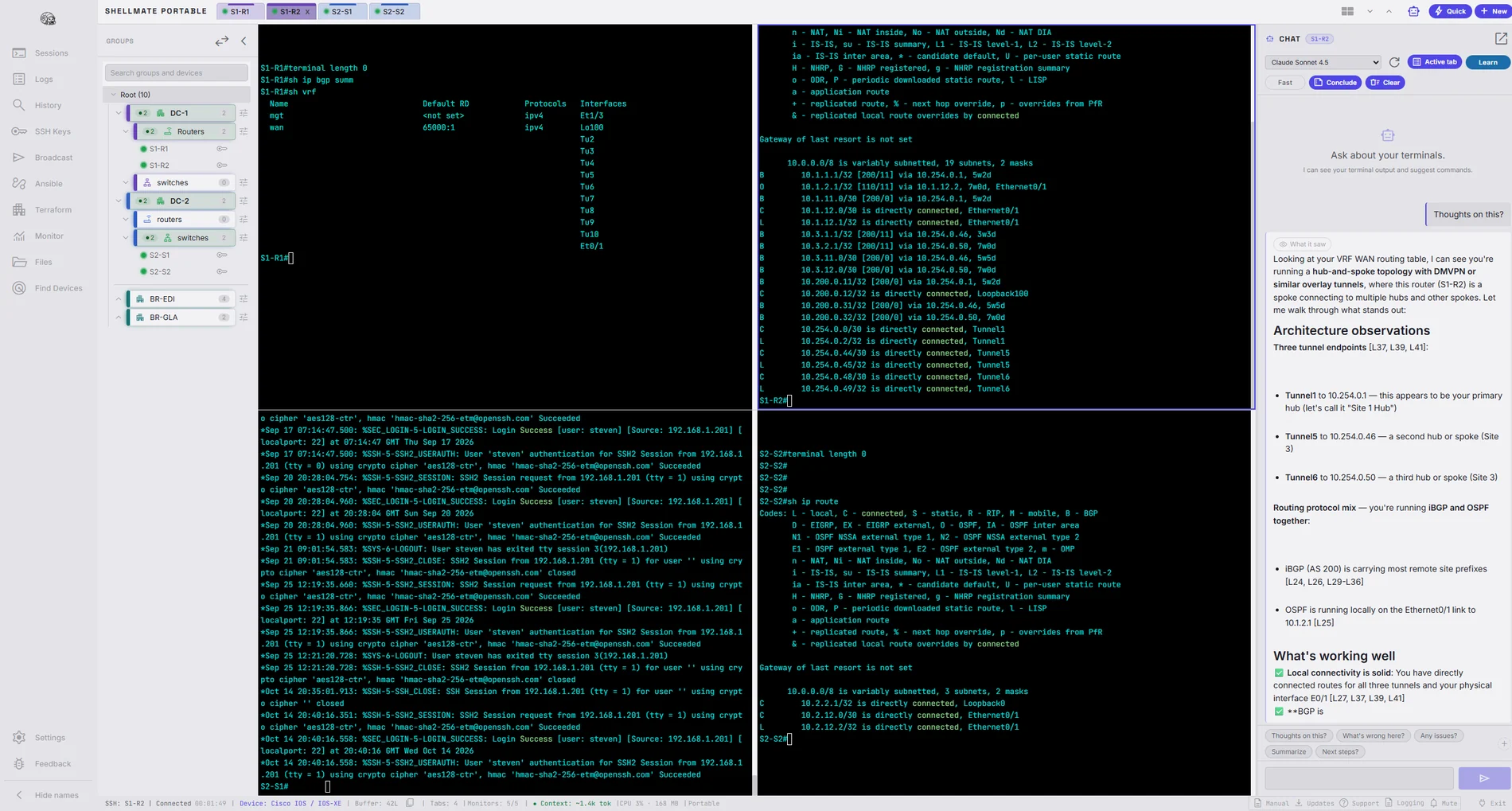ShellMate with four Cisco sessions open side by side showing VRFs, routing tables and SSH logs, and the assistant panel explaining the hub-and-spoke tunnel design it can see in the output.