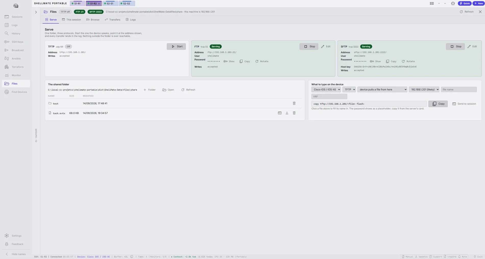 ShellMate files page serving one shared folder over FTP and SFTP, with the exact copy command to type on a Cisco IOS device.