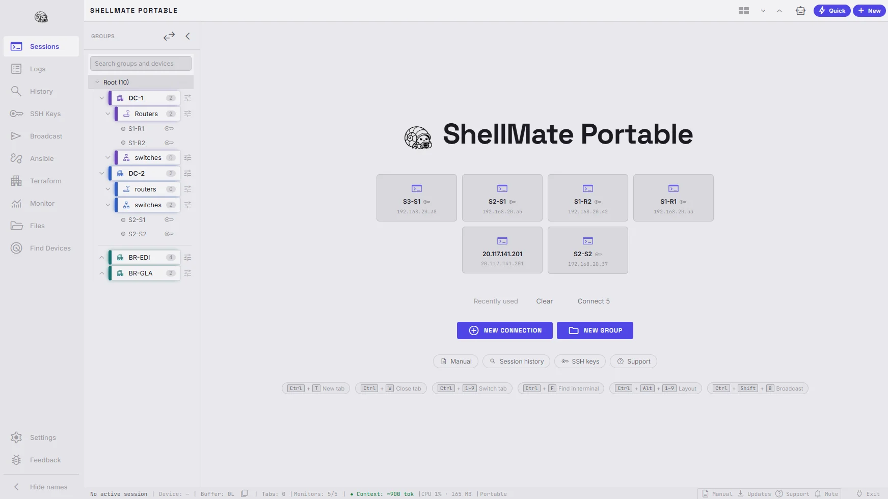 ShellMate start screen with devices grouped by data centre and branch, recently used devices to reconnect to, and keyboard shortcuts.