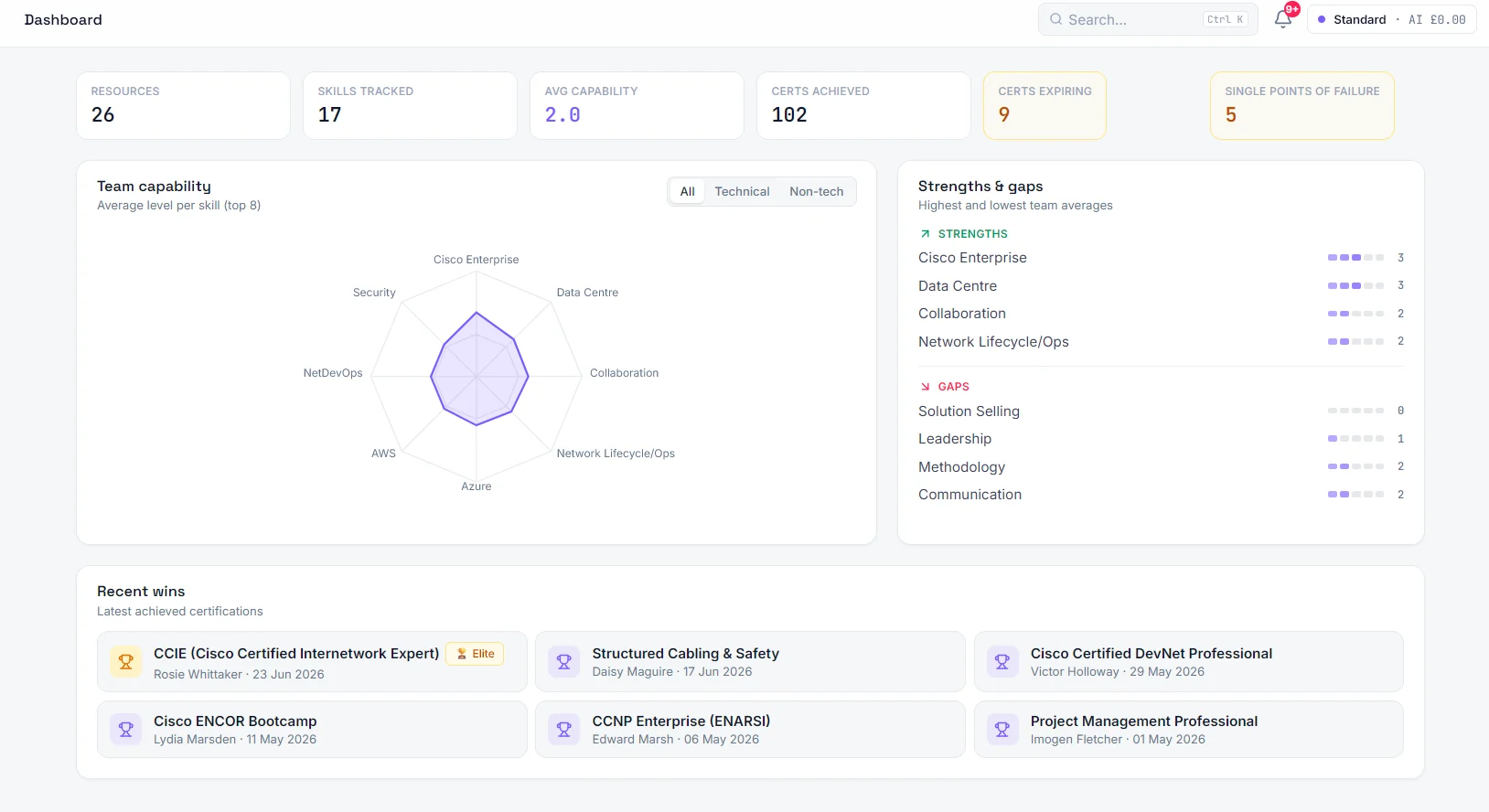 Foundry Workspace dashboard: totals for resources, skills tracked and certifications, a team capability radar chart, strengths and gaps by skill, and recently achieved certifications.